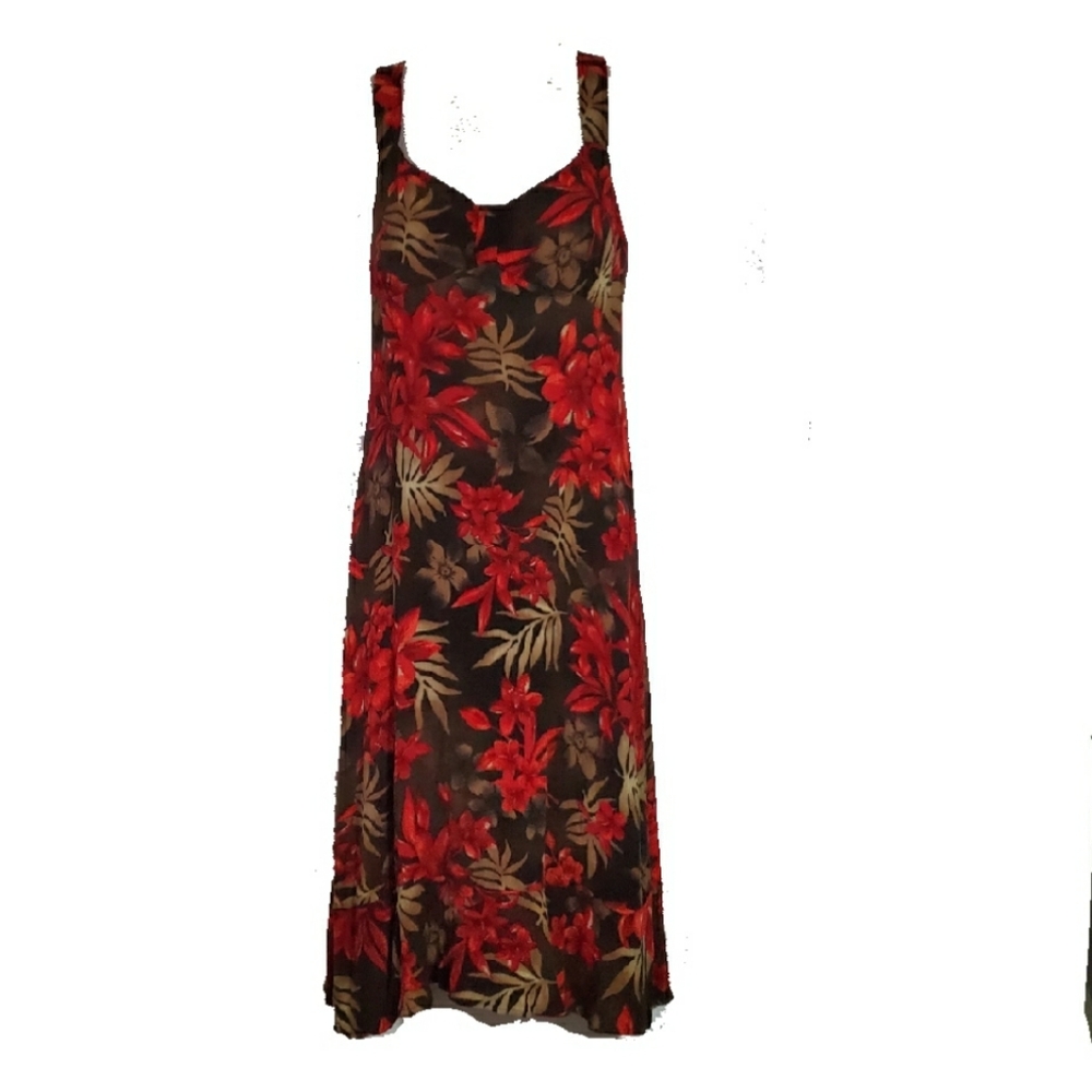 Madison Leigh So Cute Red and Brown Tropical Flower Midi Petite Dress 8p